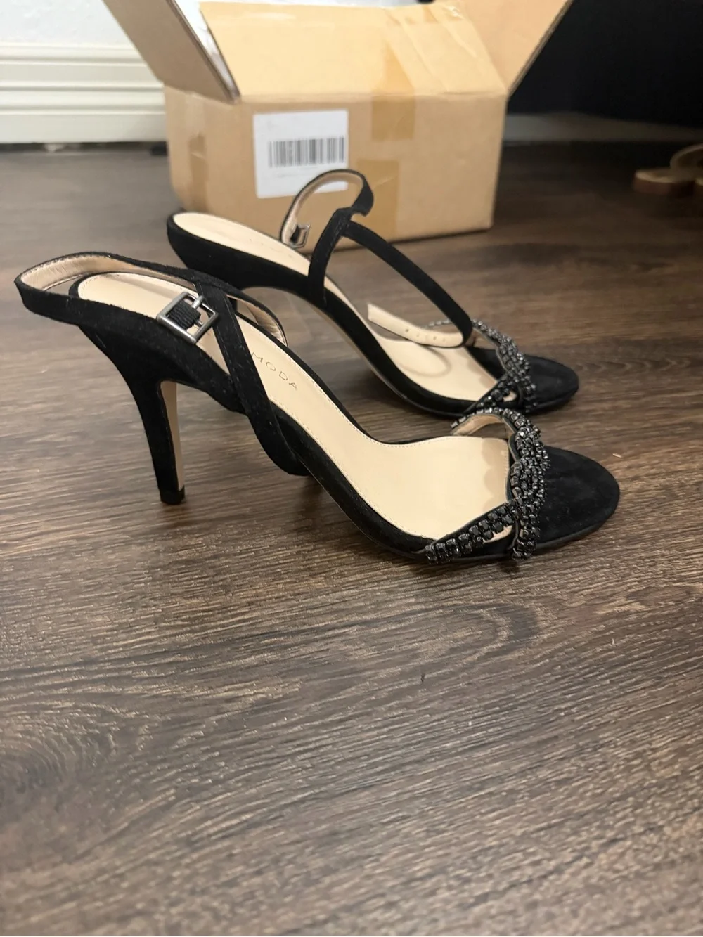 Pelle Moda Black Beaded Ankle-Strap Heels